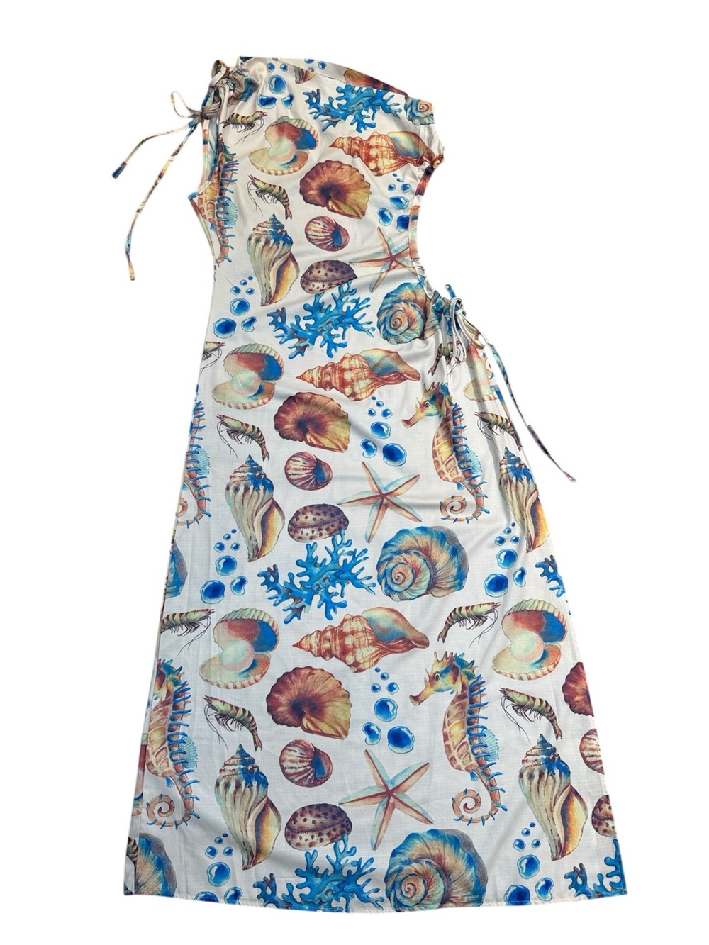Seashell Print One Shoulder Maxi Dress Lace Up Slit Resort Vacation Size M - Picture 4 of 4